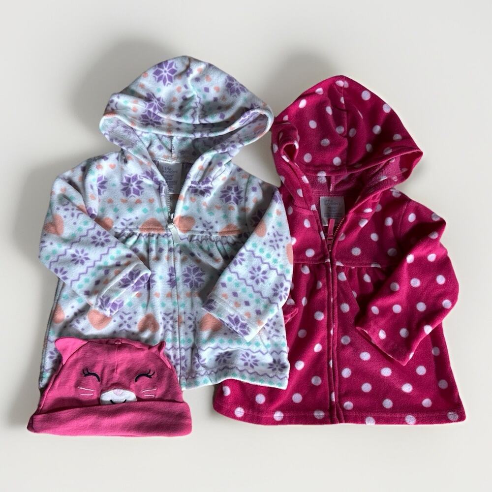 Little Wonders Baby Girls Fleece Hoodie Jackets & Cat Hat Bundle 6-9M